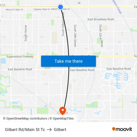 Gilbert Rd/Main St Tc to Gilbert map
