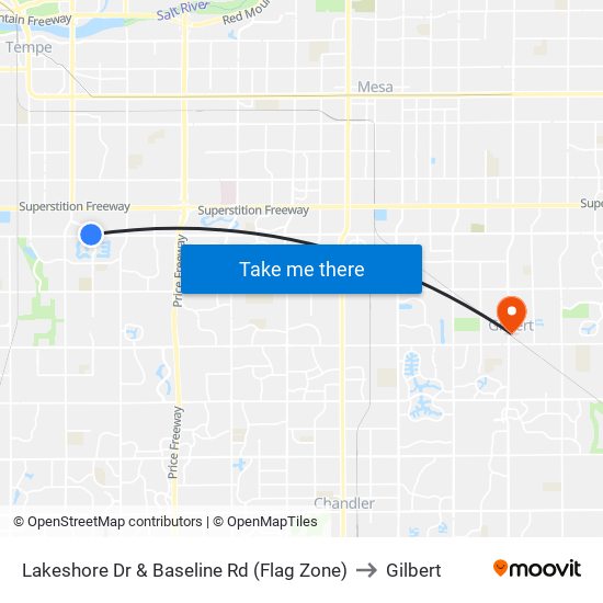 Lakeshore Dr & Baseline Rd (Flag Zone) to Gilbert map