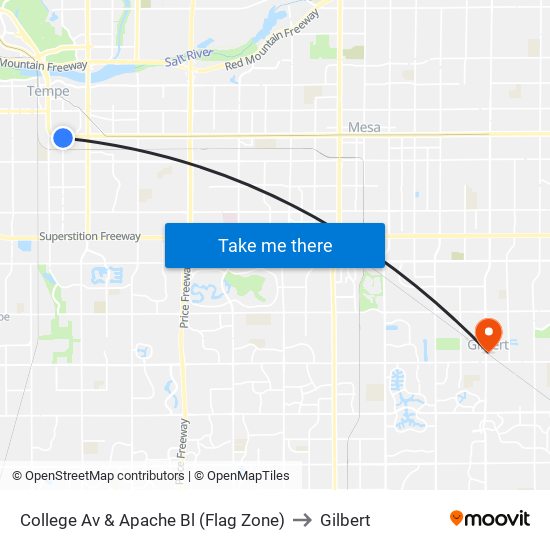 College Av & Apache Bl (Flag Zone) to Gilbert map