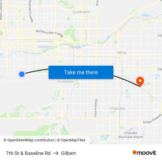 7th St & Baseline Rd to Gilbert map