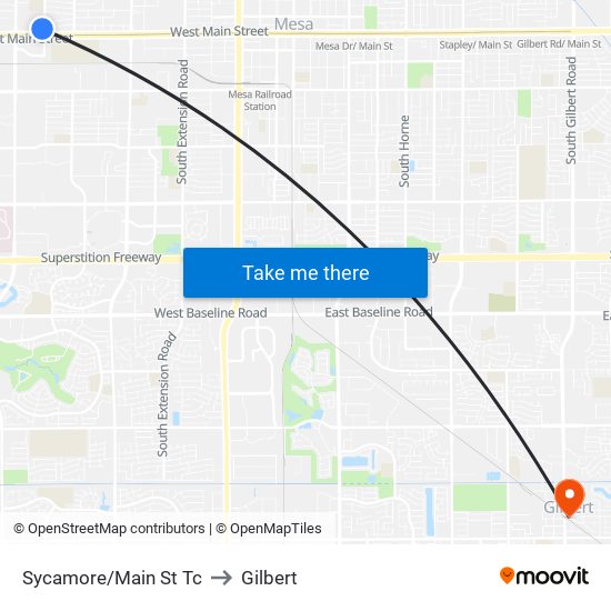 Sycamore/Main St Tc to Gilbert map