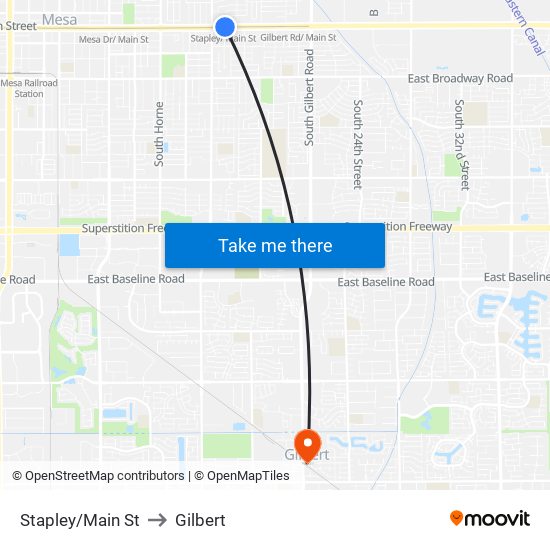 Stapley/Main St to Gilbert map