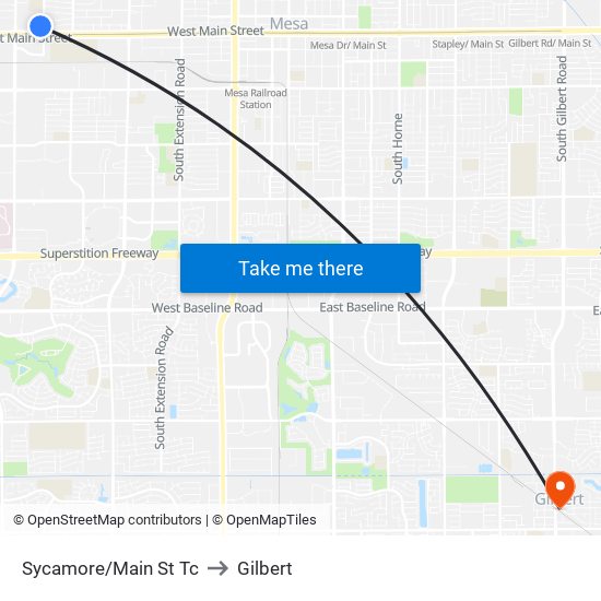 Sycamore/Main St Tc to Gilbert map