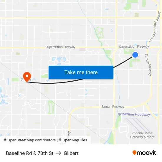 Baseline Rd & 78th St to Gilbert map