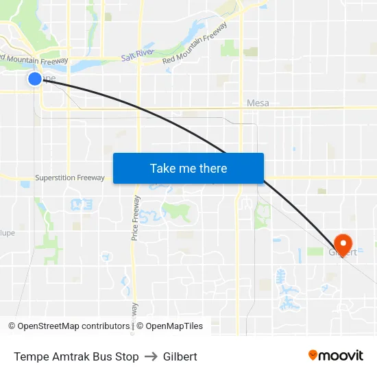 Tempe Amtrak Bus Stop to Gilbert map
