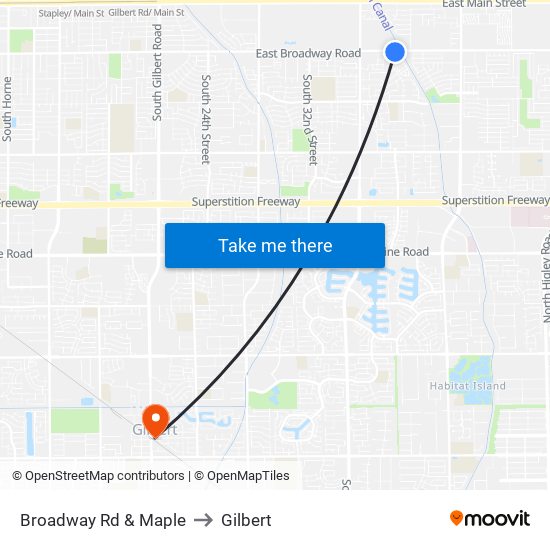 Broadway Rd & Maple to Gilbert map