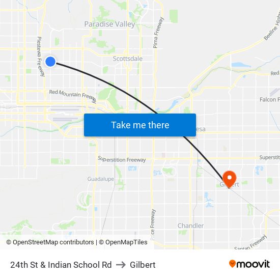 24th St & Indian School Rd to Gilbert map