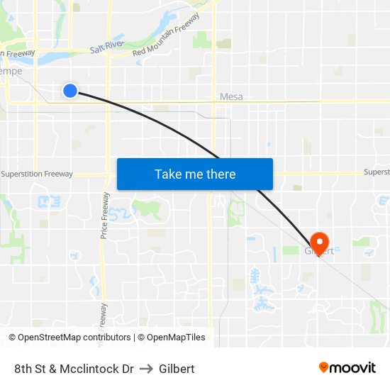 8th St & Mcclintock Dr to Gilbert map