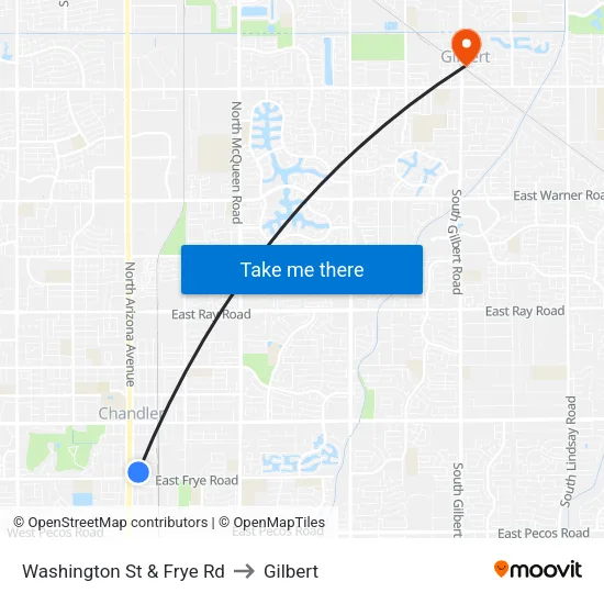 Washington St & Frye Rd to Gilbert map