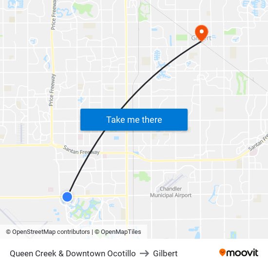 Queen Creek & Downtown Ocotillo to Gilbert map