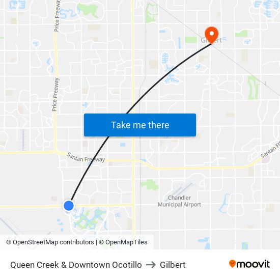 Queen Creek & Downtown Ocotillo to Gilbert map