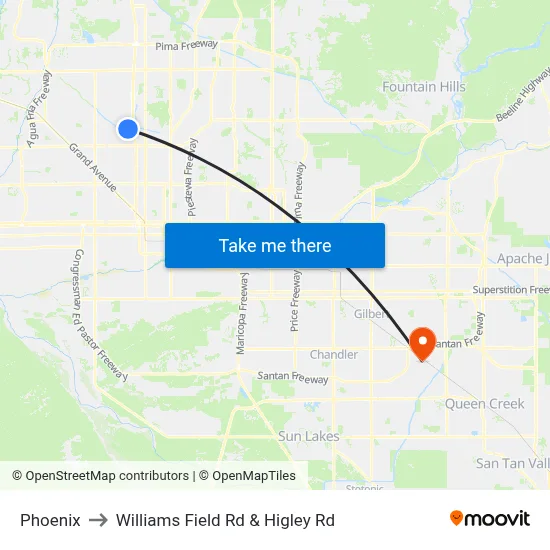 Phoenix to Williams Field Rd & Higley Rd map
