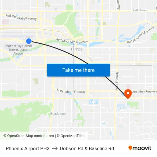 Phoenix Airport PHX to Dobson Rd & Baseline Rd map