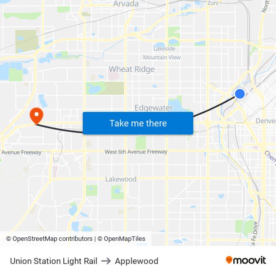 Union Station Light Rail to Applewood map