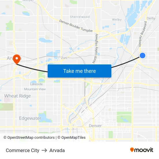 Commerce City to Arvada map