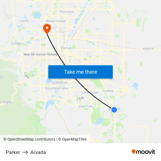 Parker to Arvada map