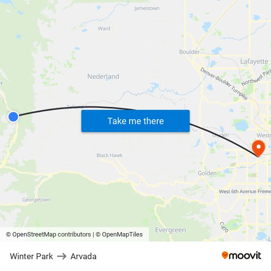 Winter Park to Arvada map