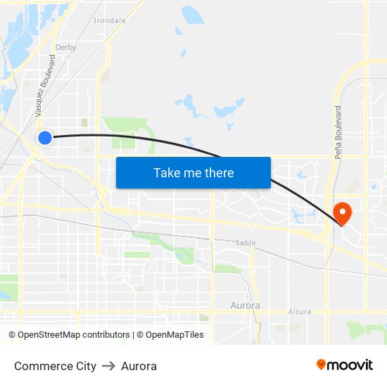 Commerce City to Aurora map