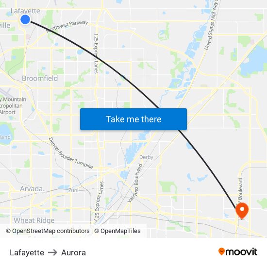 Lafayette to Aurora map