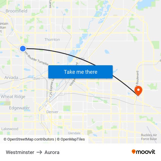 Westminster to Aurora map