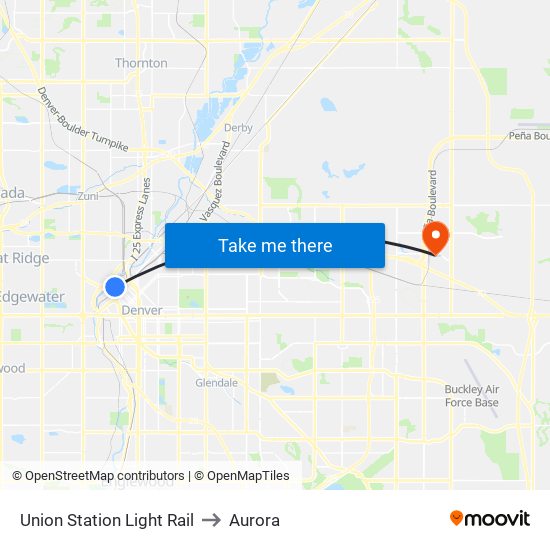 Union Station Light Rail to Aurora map
