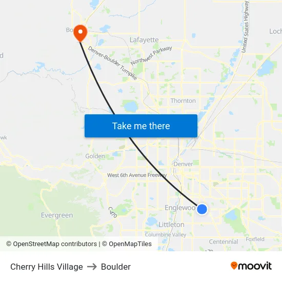 Cherry Hills Village to Boulder map