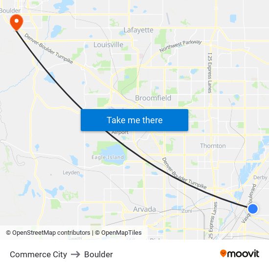Commerce City to Boulder map