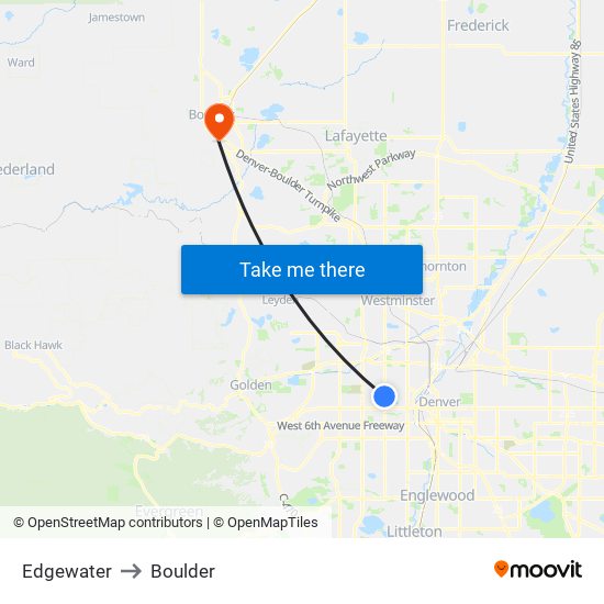 Edgewater to Boulder map