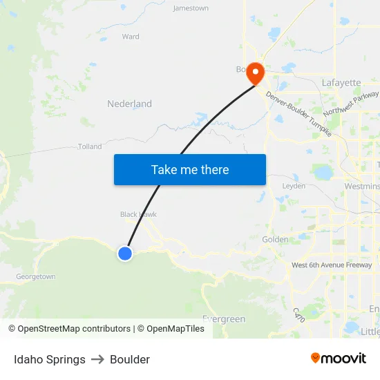 Idaho Springs to Boulder map