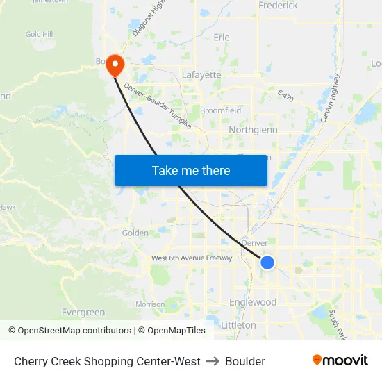 Cherry Creek Shopping Center-West to Boulder map