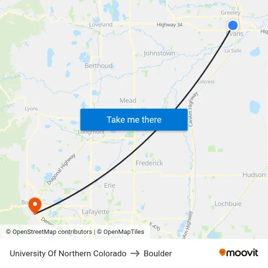 University Of Northern Colorado to Boulder map