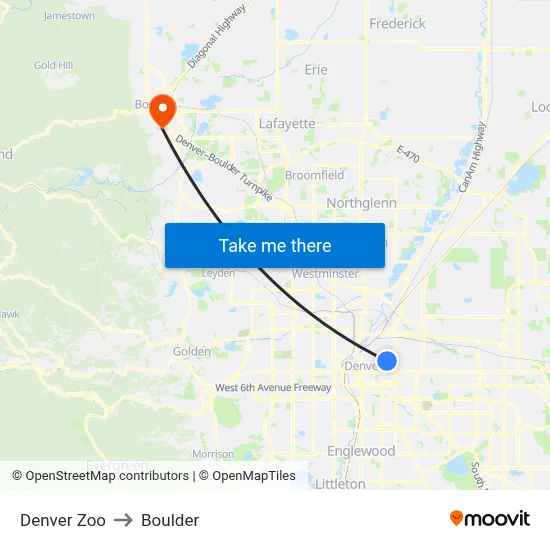 Denver Zoo to Boulder map