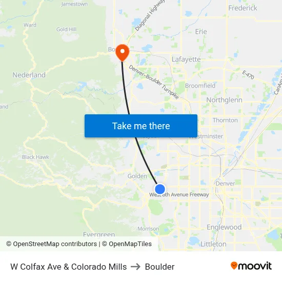W Colfax Ave & Colorado Mills to Boulder map