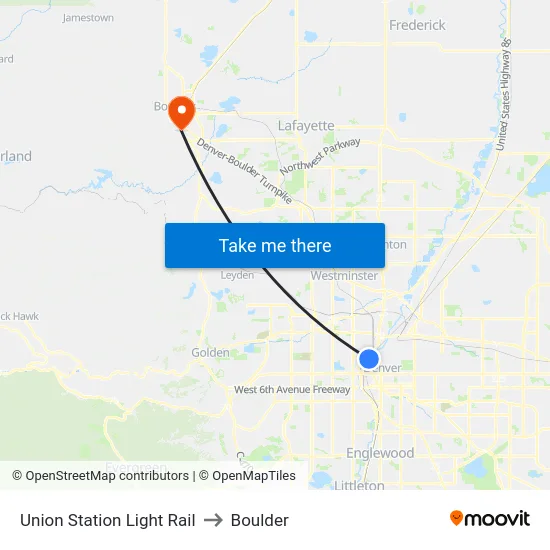 Union Station Light Rail to Boulder map