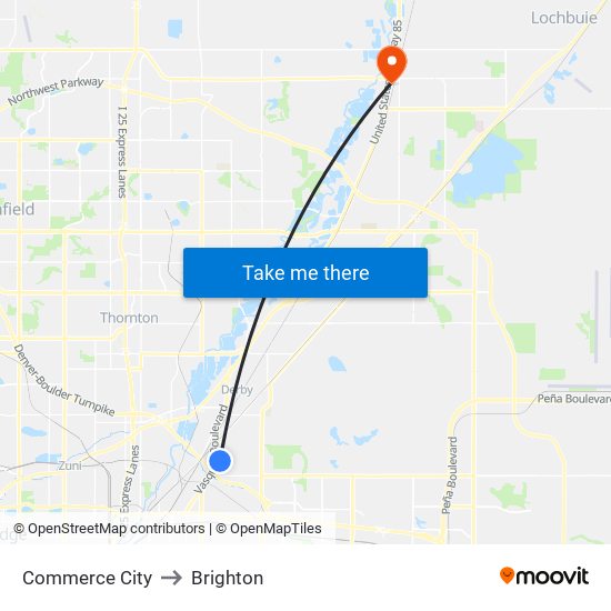 Commerce City to Brighton map