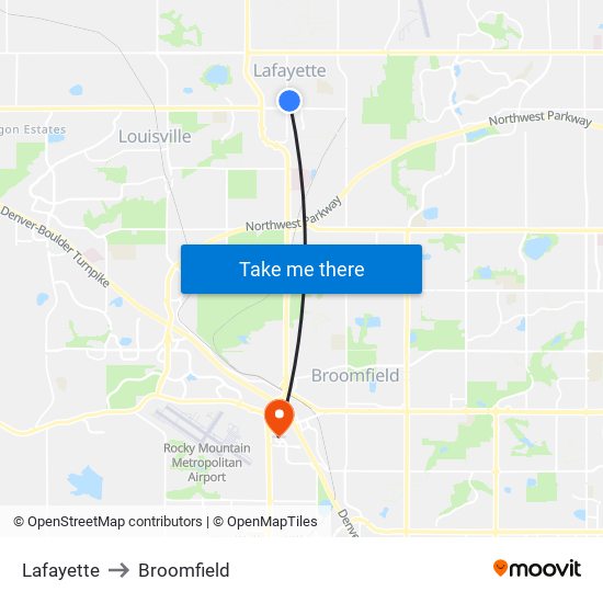 Lafayette to Broomfield map