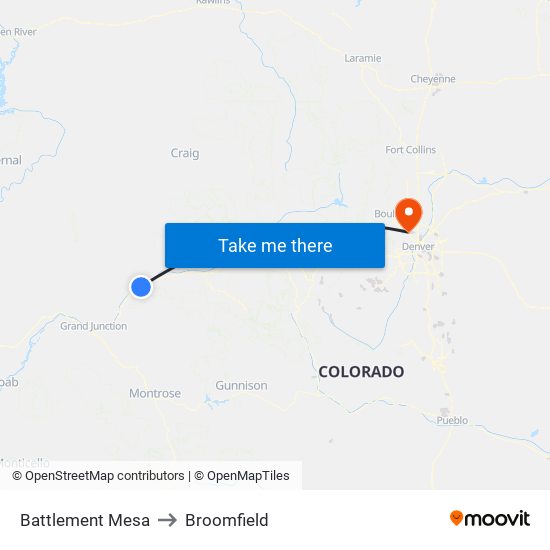 Battlement Mesa to Broomfield map