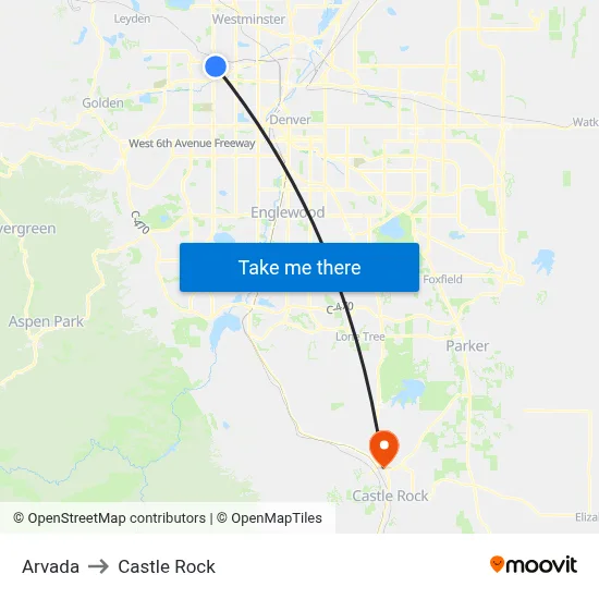 Arvada to Castle Rock map