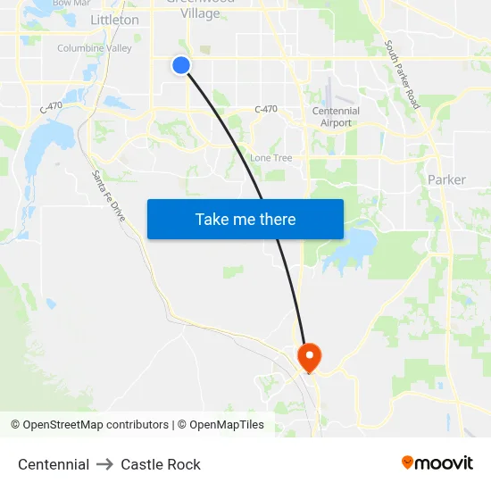 Centennial to Castle Rock map
