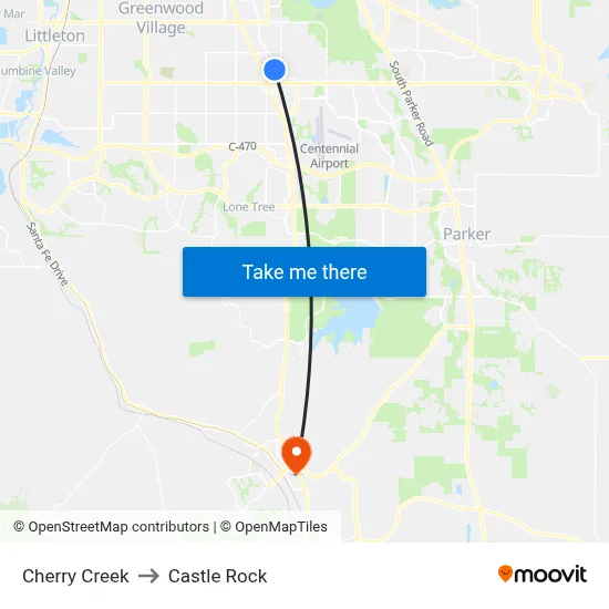 Cherry Creek to Castle Rock map