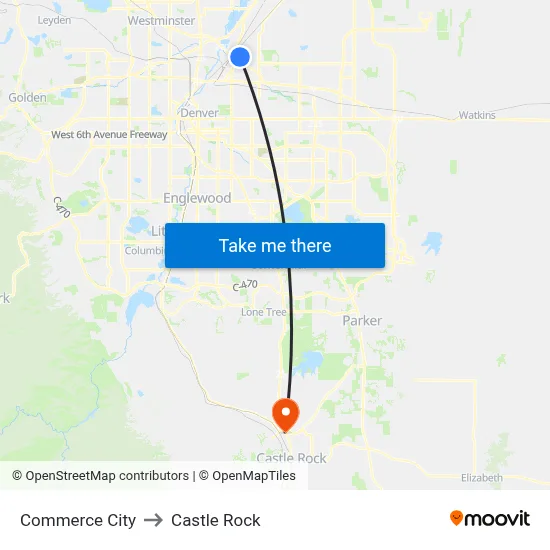 Commerce City to Castle Rock map