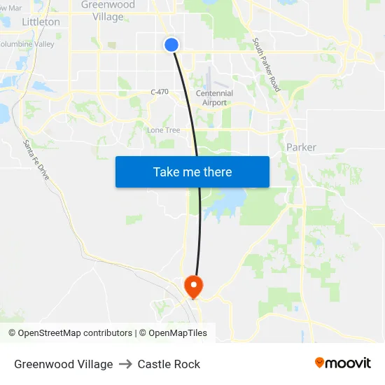 Greenwood Village to Castle Rock map