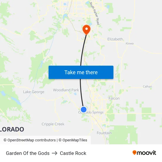 Garden Of the Gods to Castle Rock map