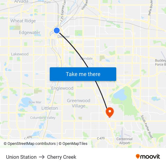 Union Station to Cherry Creek map