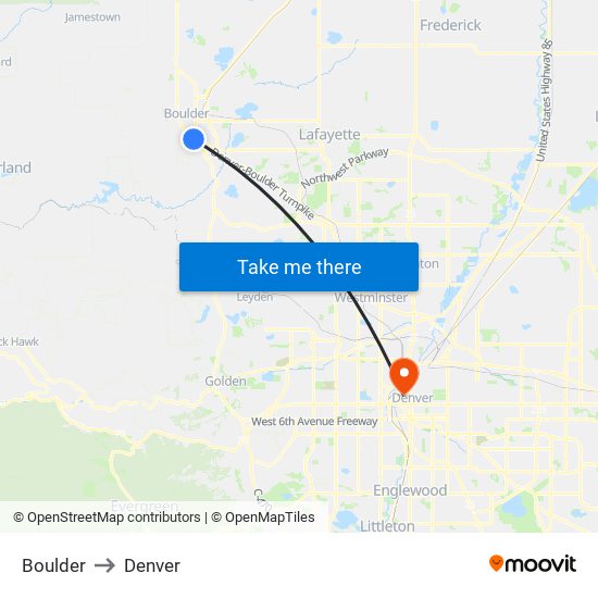 Boulder to Denver map