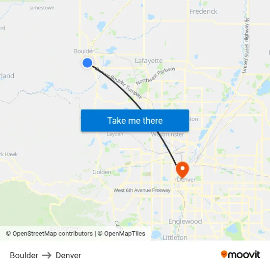 Boulder to Denver map