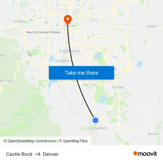 Castle Rock to Denver map