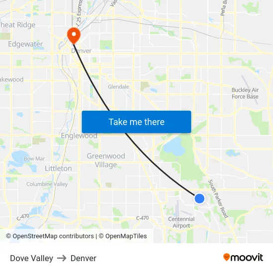Dove Valley to Denver map