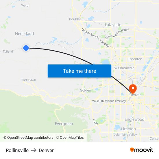 Rollinsville to Denver map