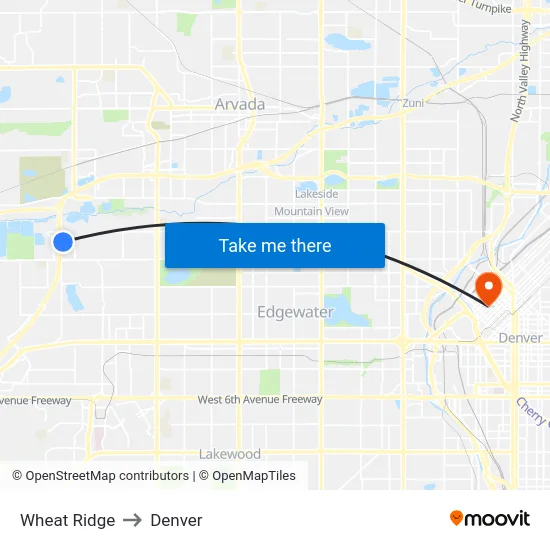 Wheat Ridge to Denver map